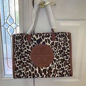 Tory Burch Ella Reva Leopard Large Canvas Tote